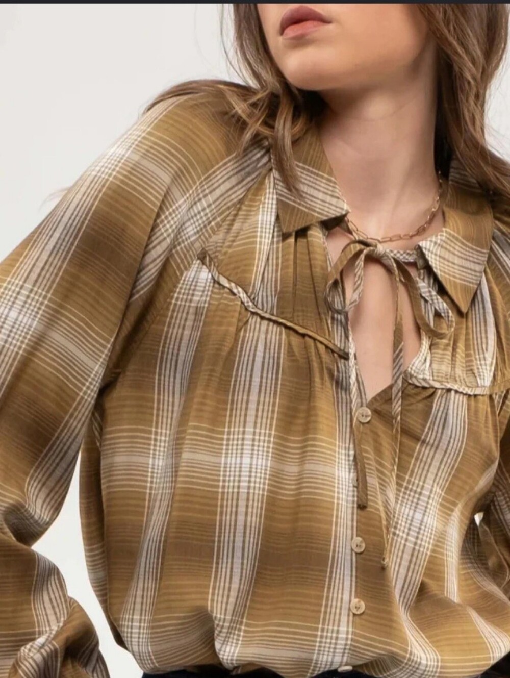 Blu Pepper Tan and White Plaid Tie-Neck Button-Down Top